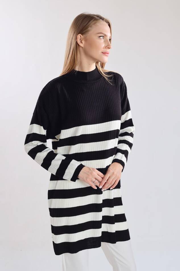 5330 Çizgili Triko Tunik Siyah - 1