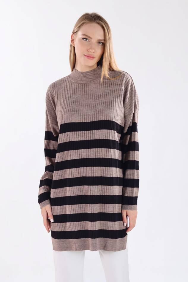 5330 Çizgili Triko Tunik Vizon - 1