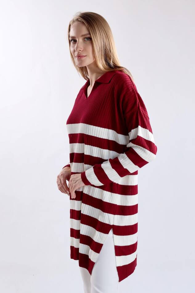 5335 Çizgili Fitilli Triko Tunik Bordo - 5