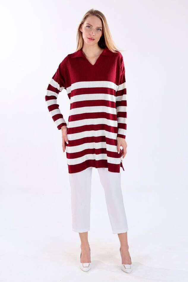 5335 Çizgili Fitilli Triko Tunik Bordo - 6