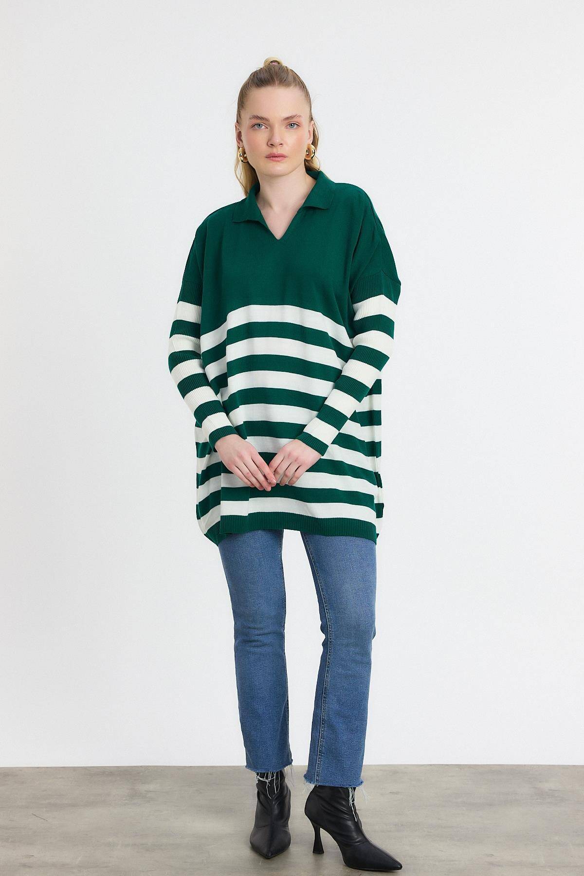 5340 Polo Yaka Çizgili Tunik Benetton Yeşili 