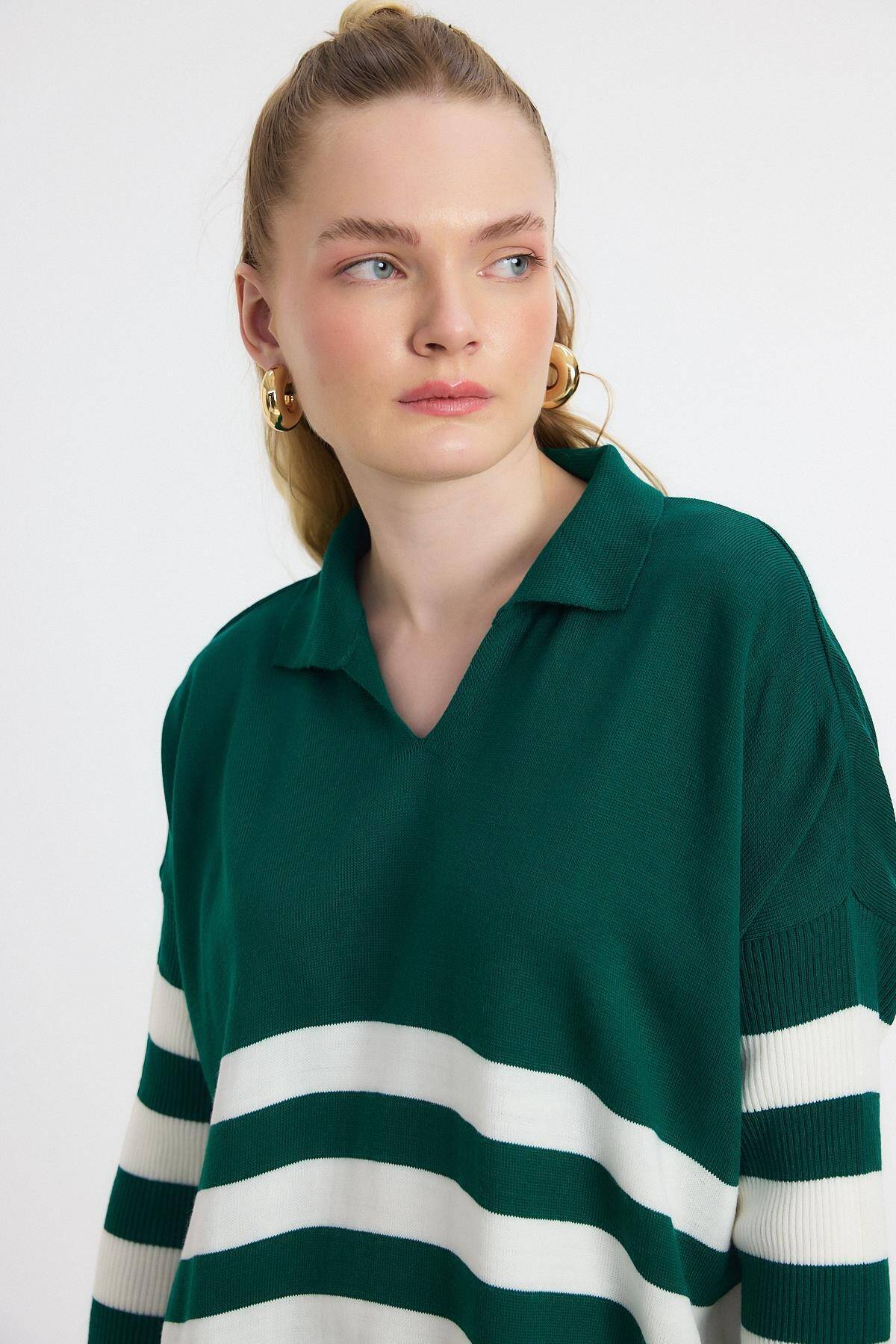 5340 Polo Yaka Çizgili Tunik Benetton Yeşili - 4