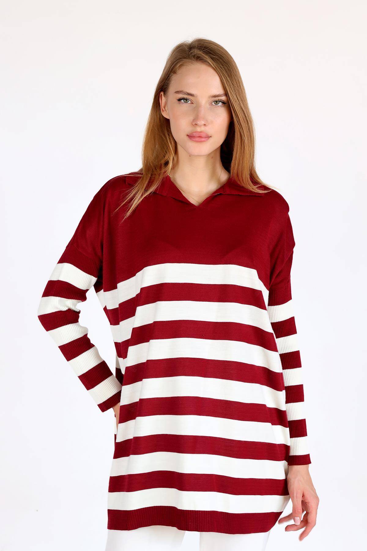 5340 Polo Yaka Çizgili Tunik Bordo - 2