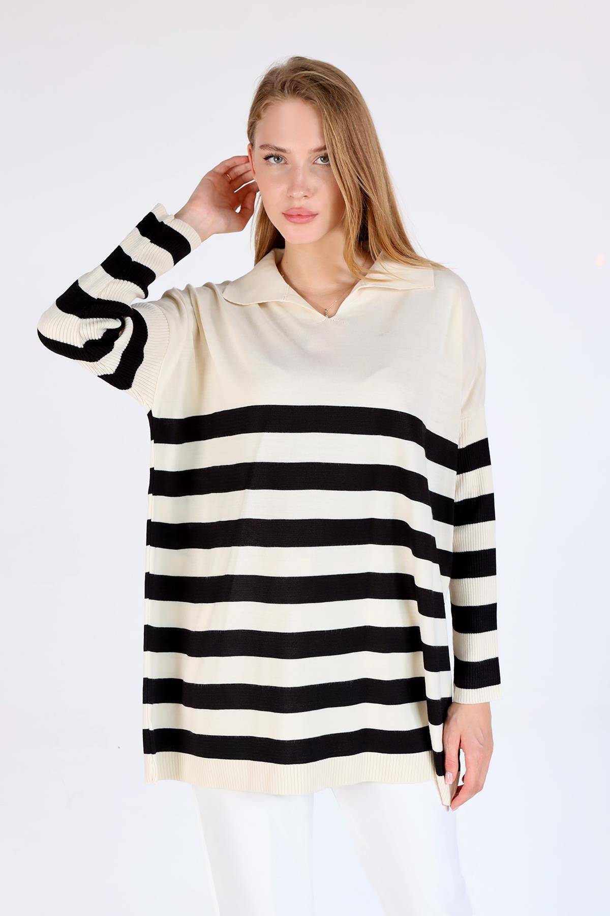 5340 Polo Yaka Çizgili Tunik Ekru - 2