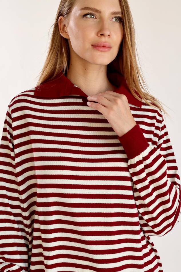 5345 İnce Çizgi Polo Yaka Tunik Bordo - 3