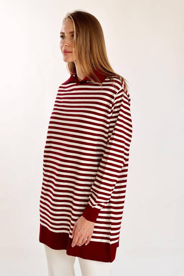 5345 İnce Çizgi Polo Yaka Tunik Bordo - 8