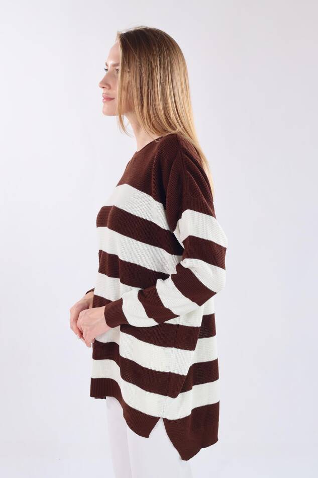 5380 Bisiklet Yaka Çizgili Tunik Acı Kahve - 7