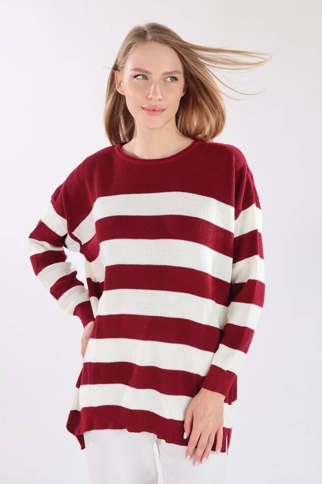 5380 Bisiklet Yaka Çizgili Tunik Bordo - 2