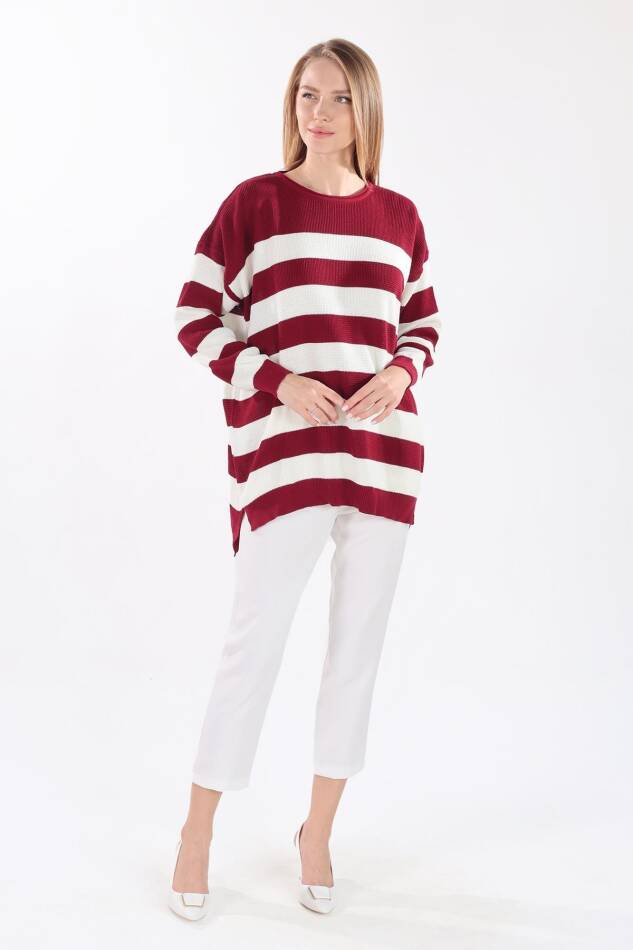 5380 Bisiklet Yaka Çizgili Tunik Bordo - 3