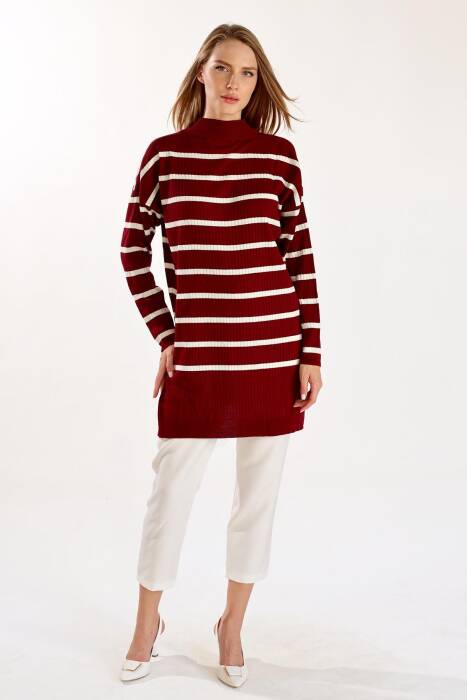 5415 Çizgili Balıkçı Yaka Tunik Bordo 