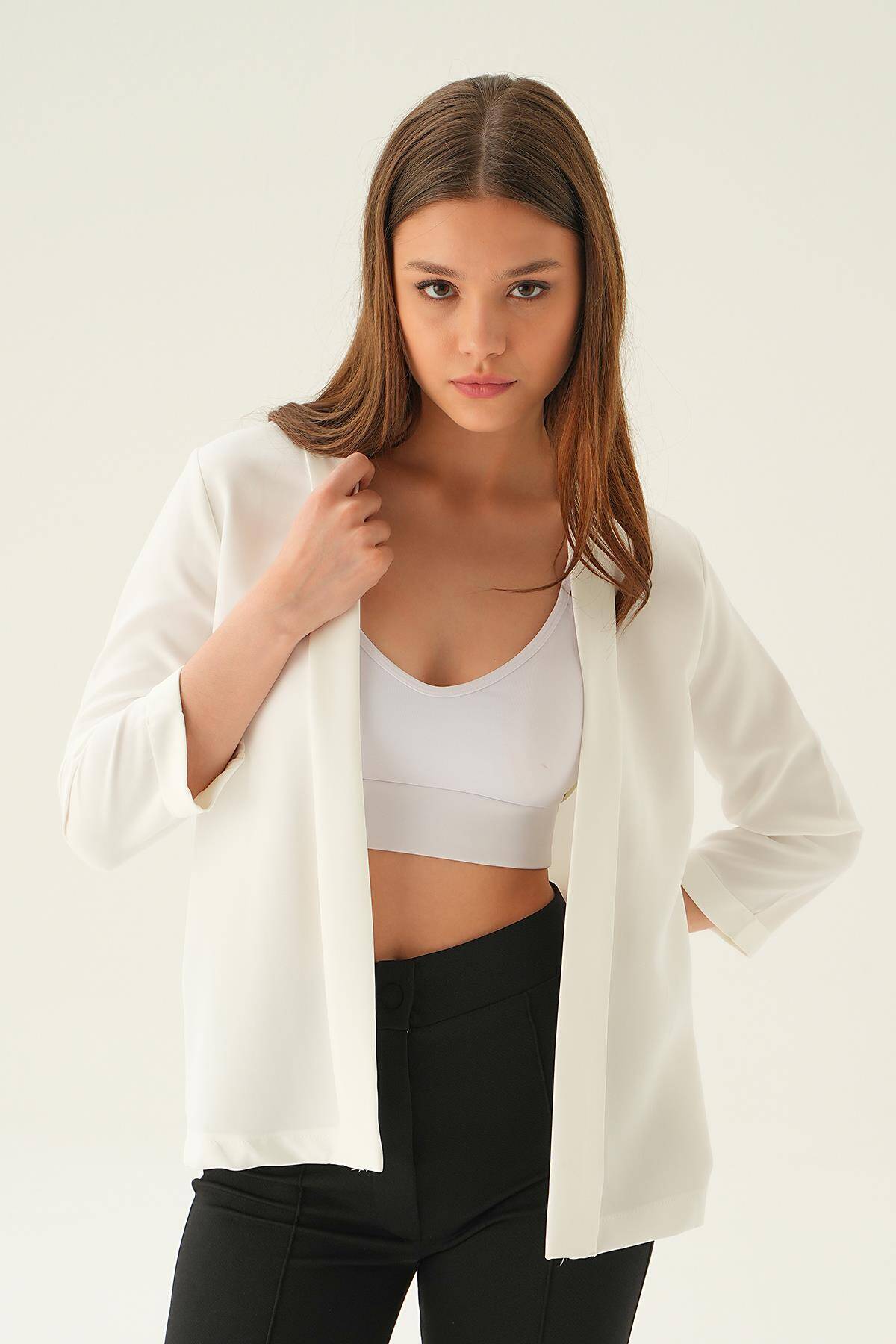 6382-1 Kol Katlamalı Ceket Ekru - Stilay