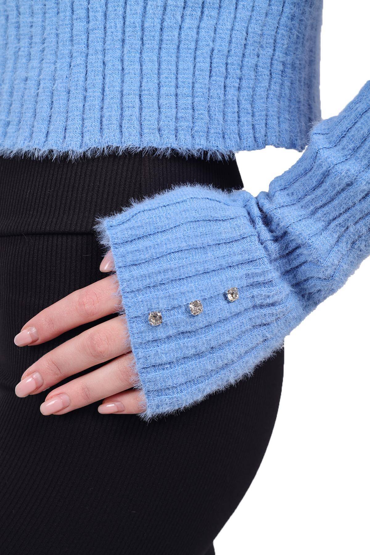 6627 Boğazlı Kol Taş Detay Yumoş Kazak Bebe Mavi - 5