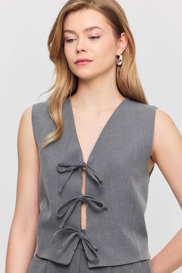 6645 Bağcıklı Sıfır Kol Yelek Gri - 4