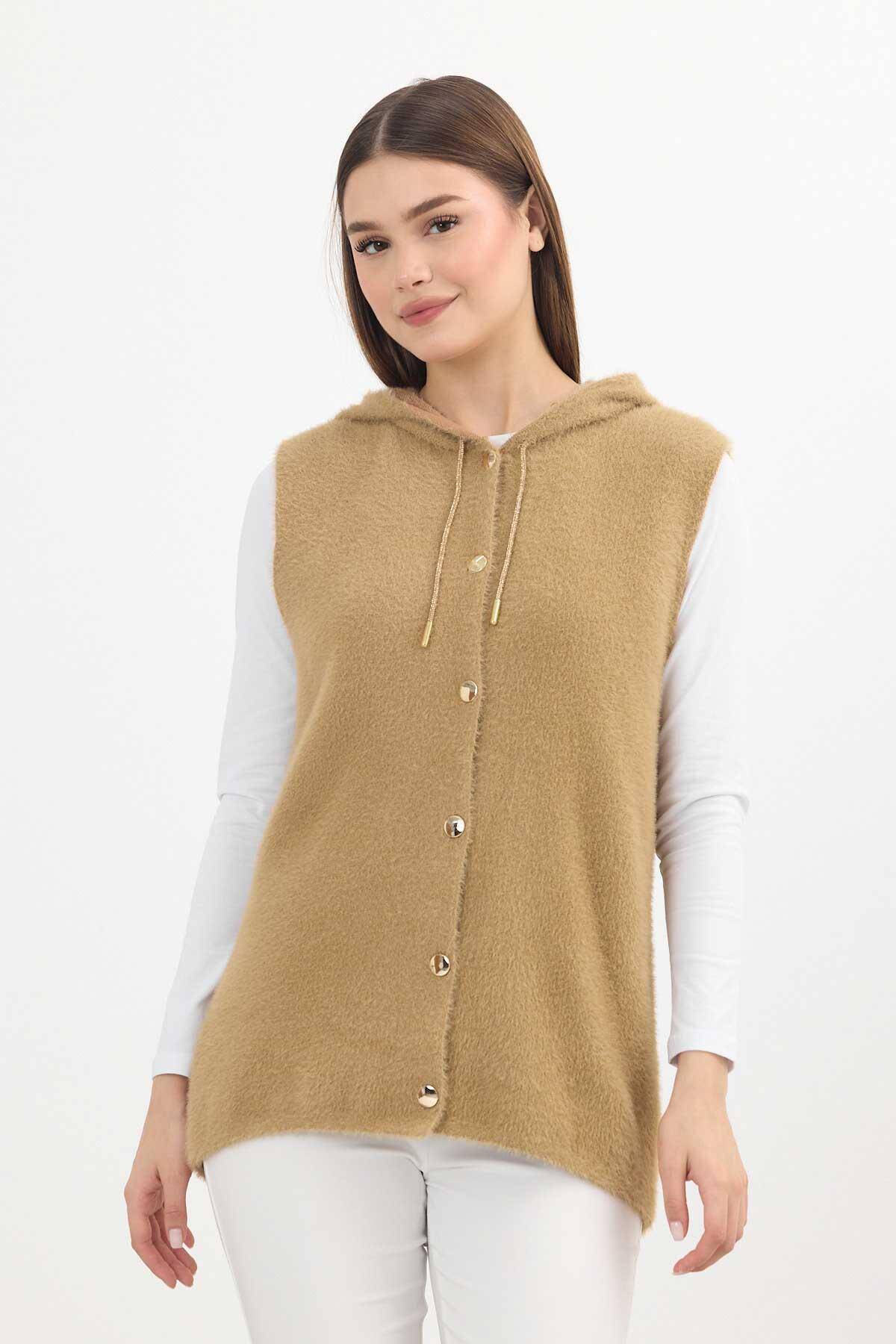 6681 Kapüşonlu Yumoş Yelek Camel - 1