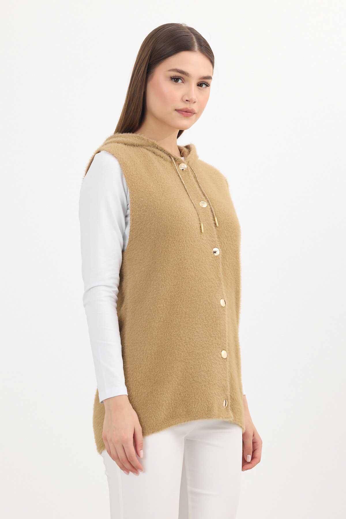 6681 Kapüşonlu Yumoş Yelek Camel - 6