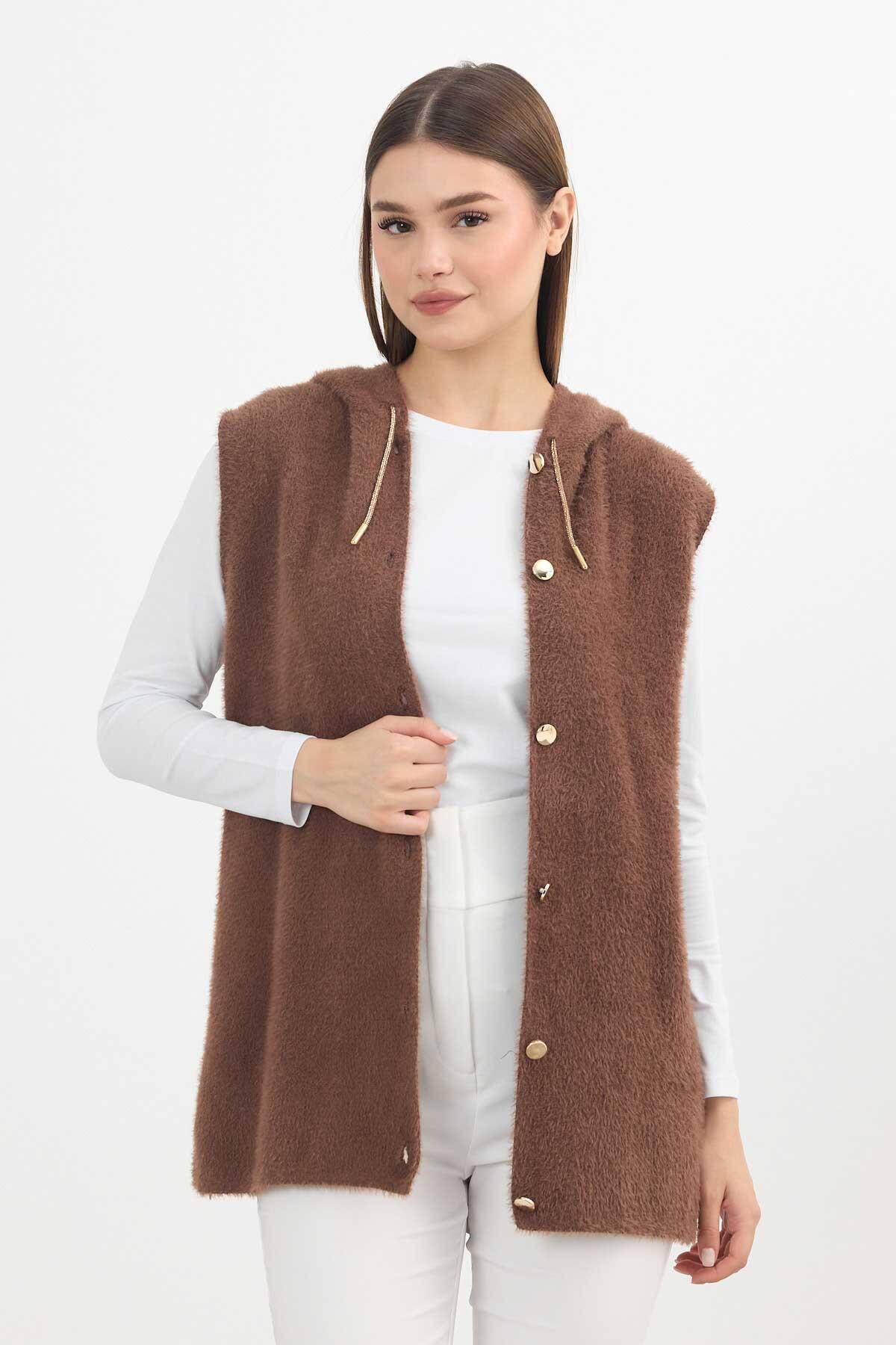6681 Kapüşonlu Yumoş Yelek Kahve - 3