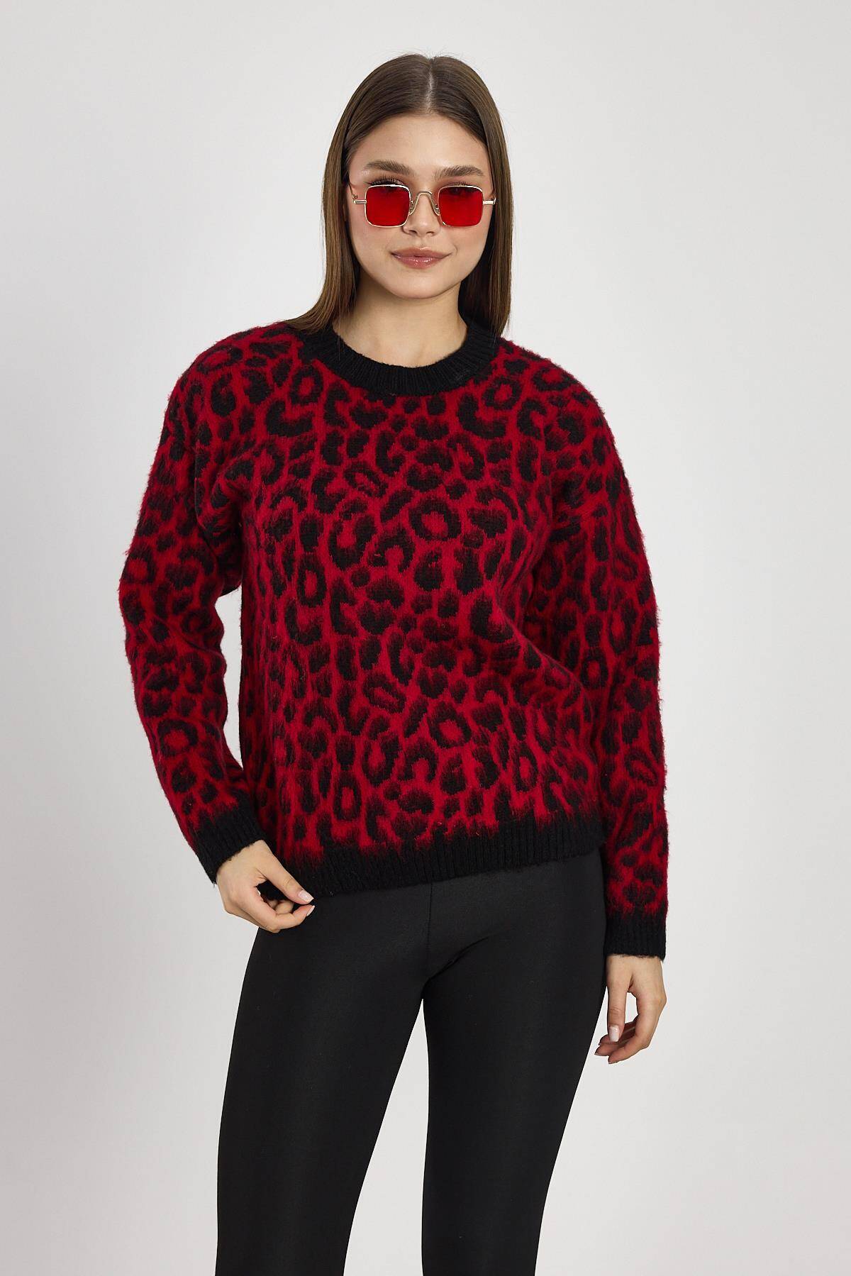 6702 Leopar Desen Kazak Kırmızı 
