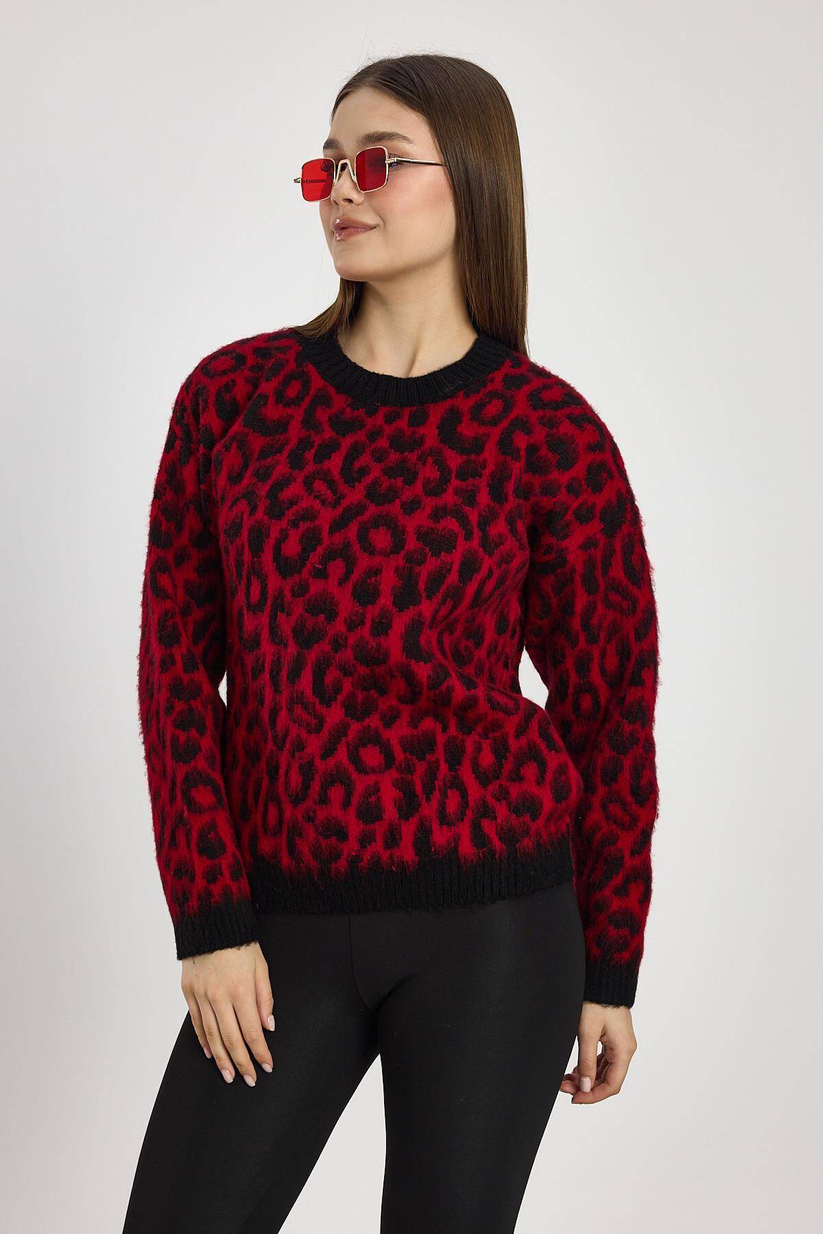 6702 Leopar Desen Kazak Kırmızı - 3
