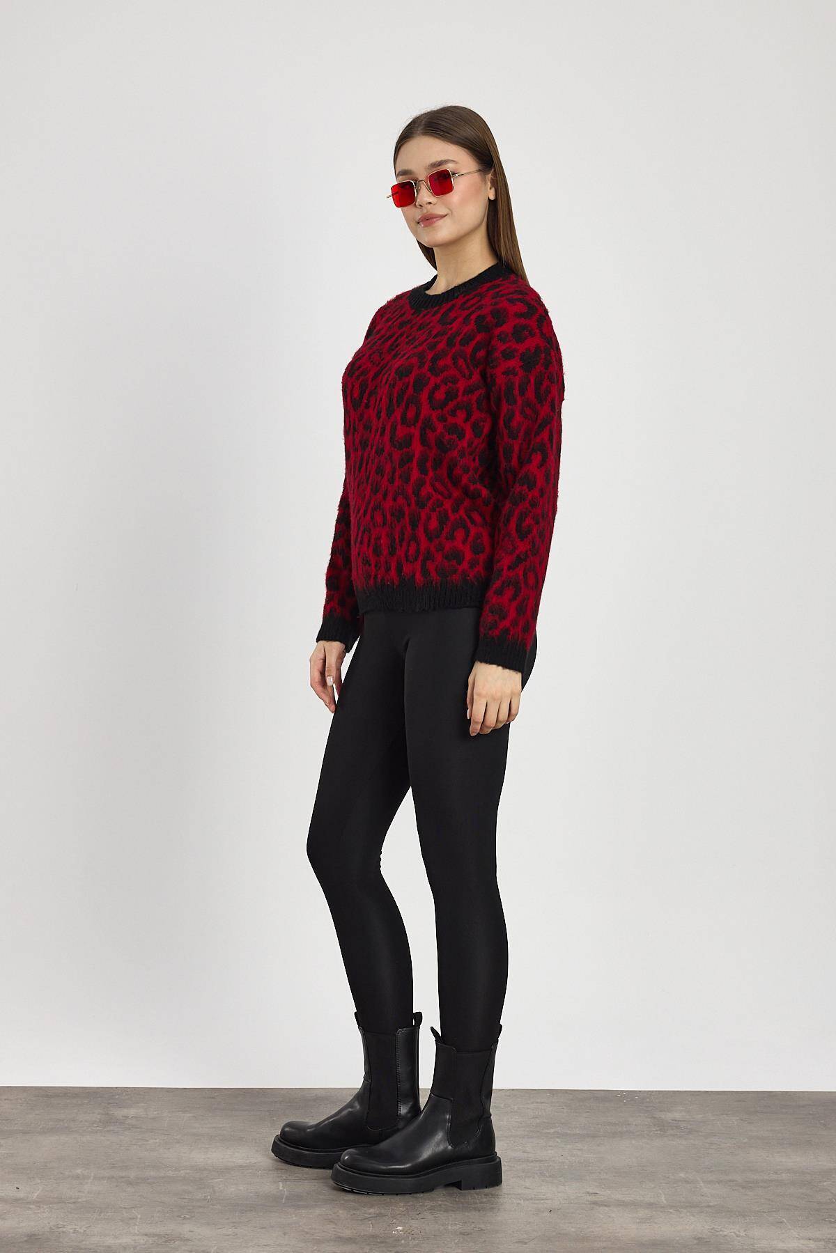 6702 Leopar Desen Kazak Kırmızı - 8