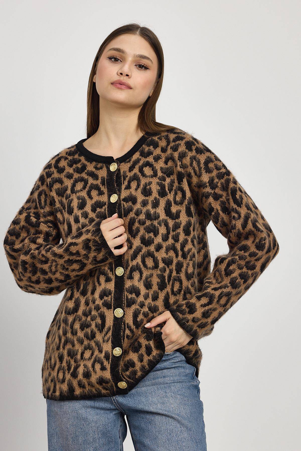 6727 Leopar Desen Hırka Kahve - 7