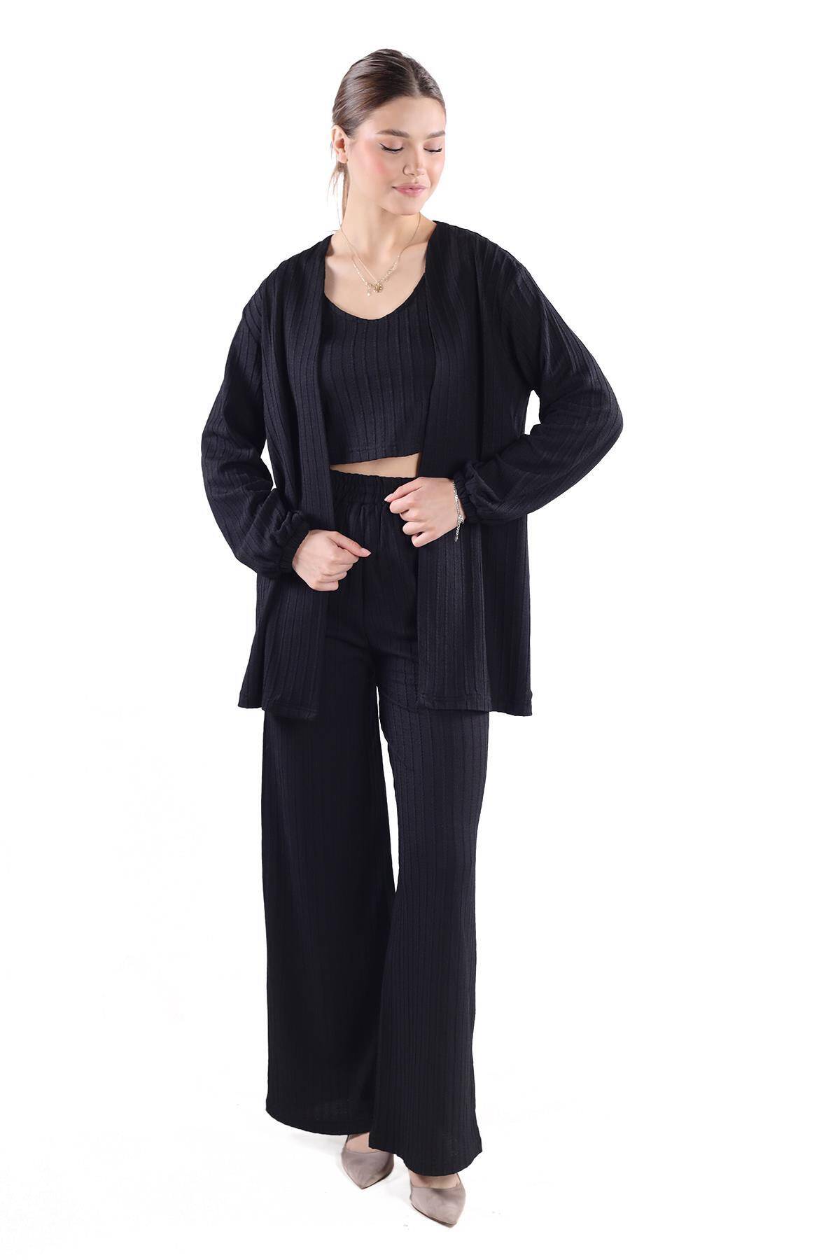 7002 3'lü Kimono Bluz Pantolon Takım Siyah - Stilay