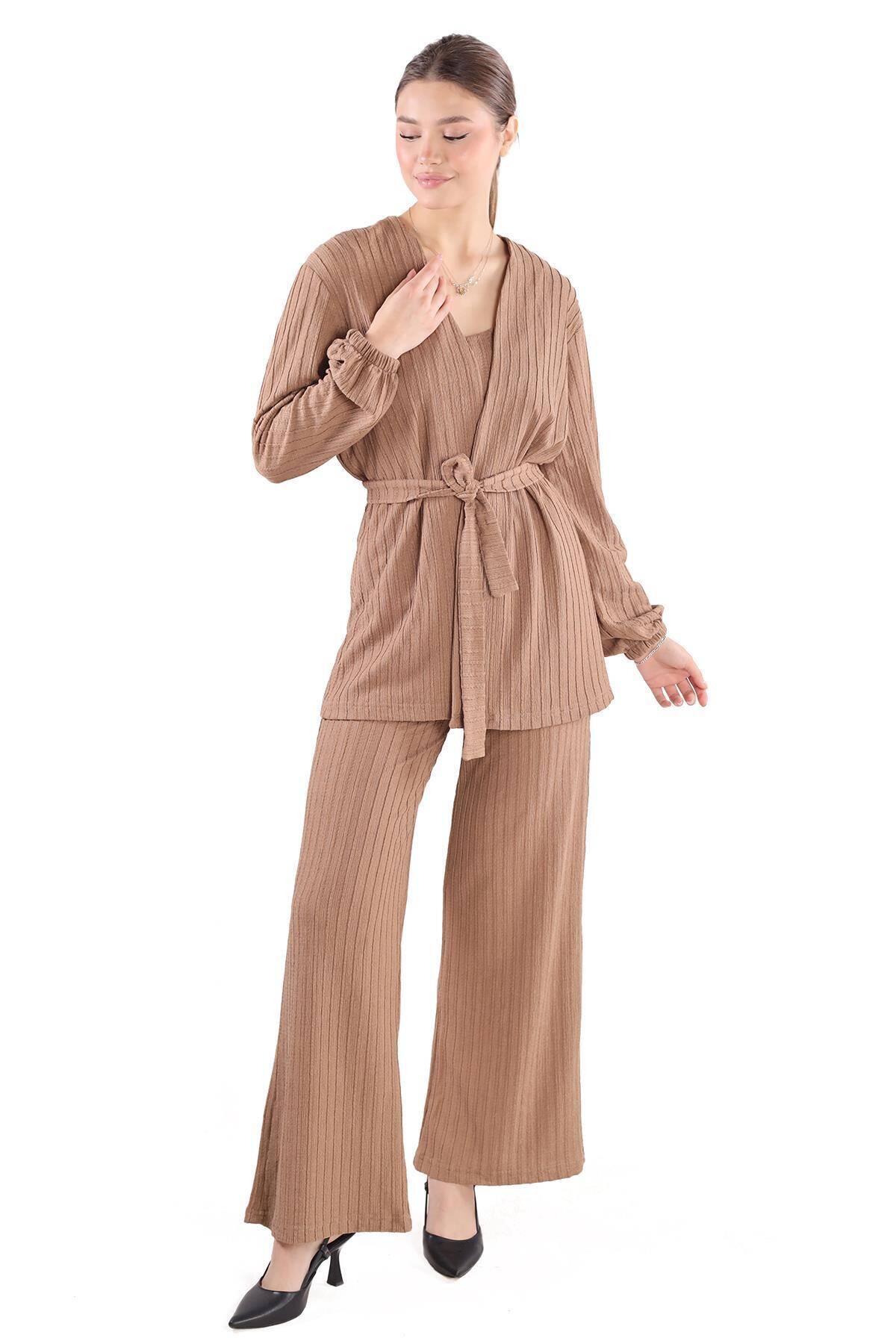 7002 3'lü Kimono Bluz Pantolon Takım Vizon - Stilay