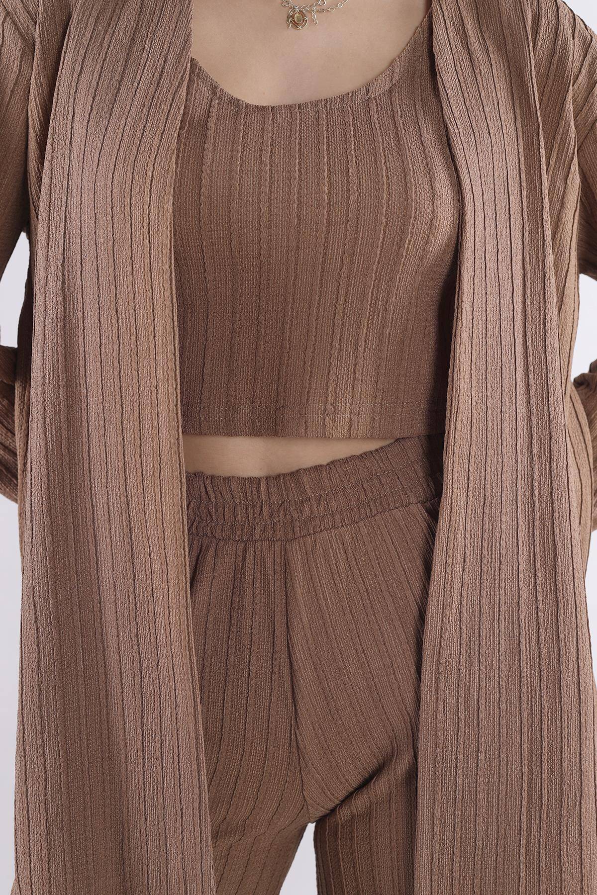 7002 3'lü Kimono Bluz Pantolon Takım Vizon - 7