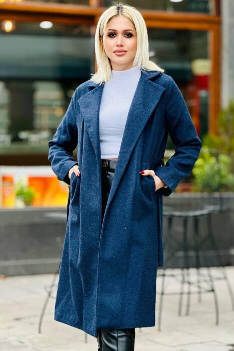 7149A Belden Bağlamalı Uzun Kaban İndigo - Stilay