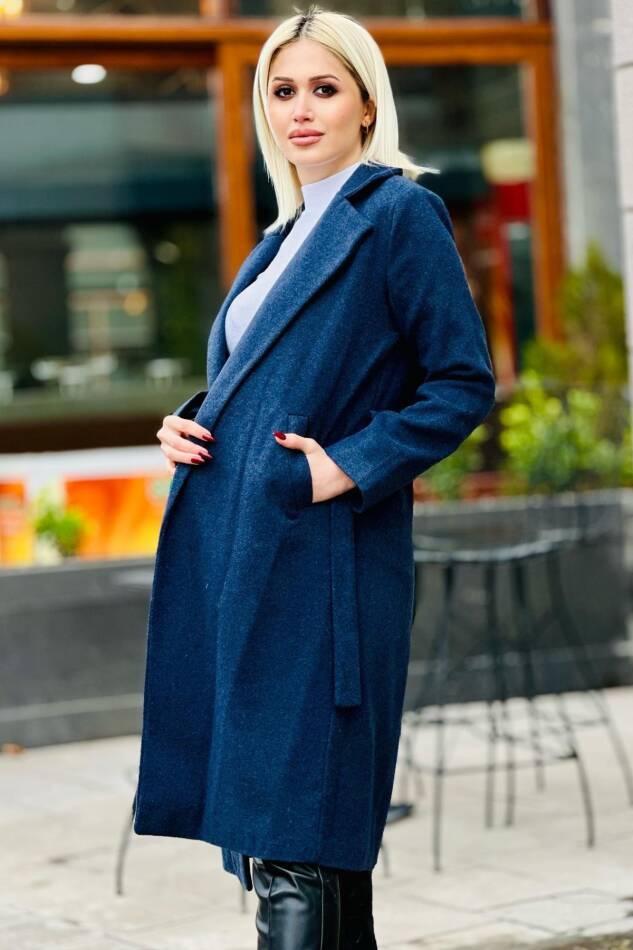 7149A Belden Bağlamalı Uzun Kaban İndigo - 2