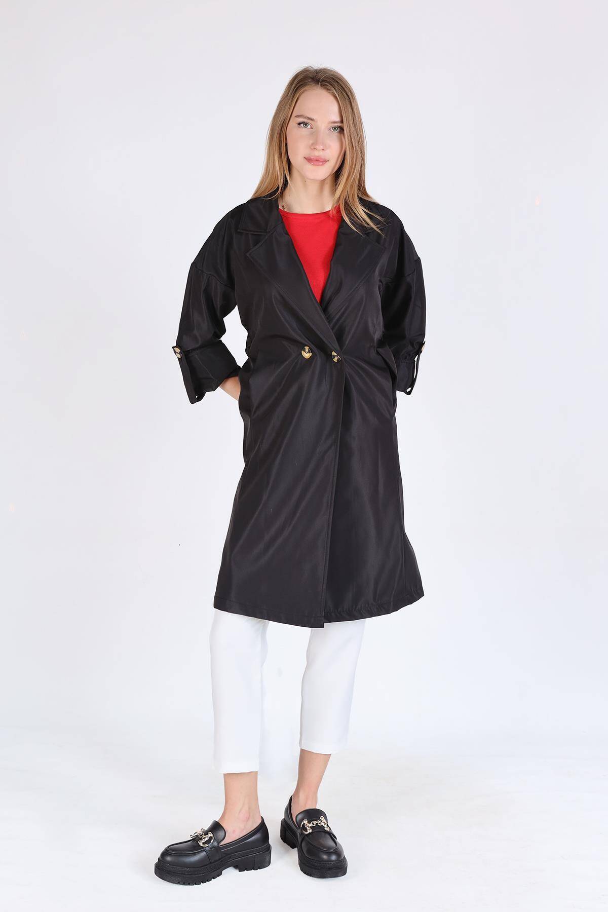 7293A Düğmeli Uzun Trençkot Siyah - Stilay