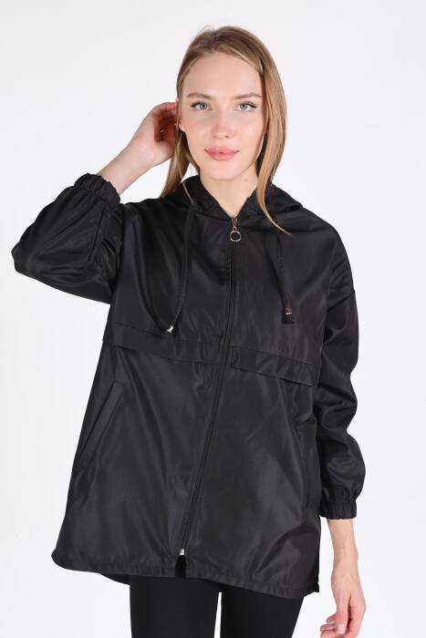 7312A Kapüşonlu Fermuarlı Kısa Kap Siyah - Stilay