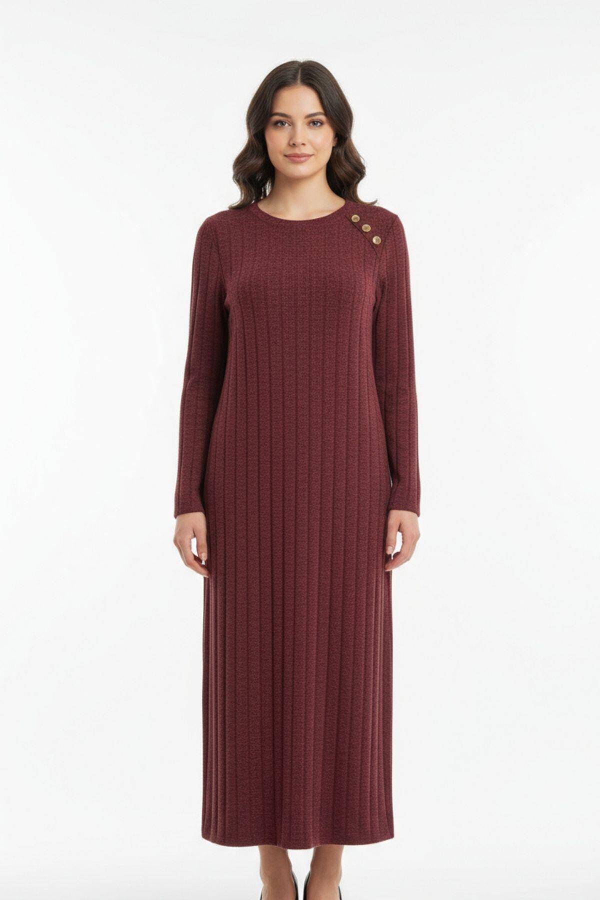 8154A Omuz Düğme Detay Elbise Bordo - Stilay