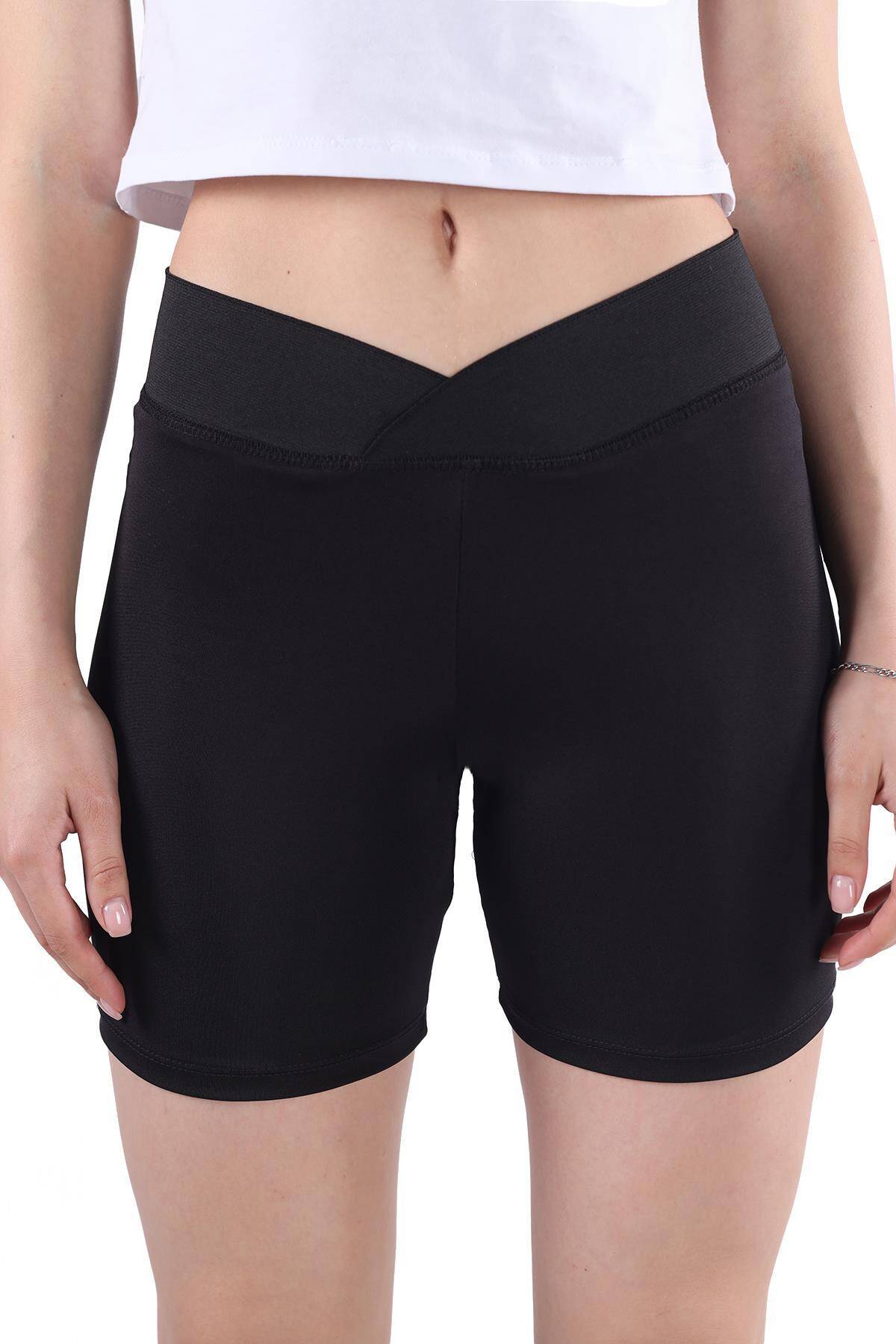 9037M Yüksek Bel Toparlayıcı Çapraz Spor Şort Tayt Siyah - Stilay