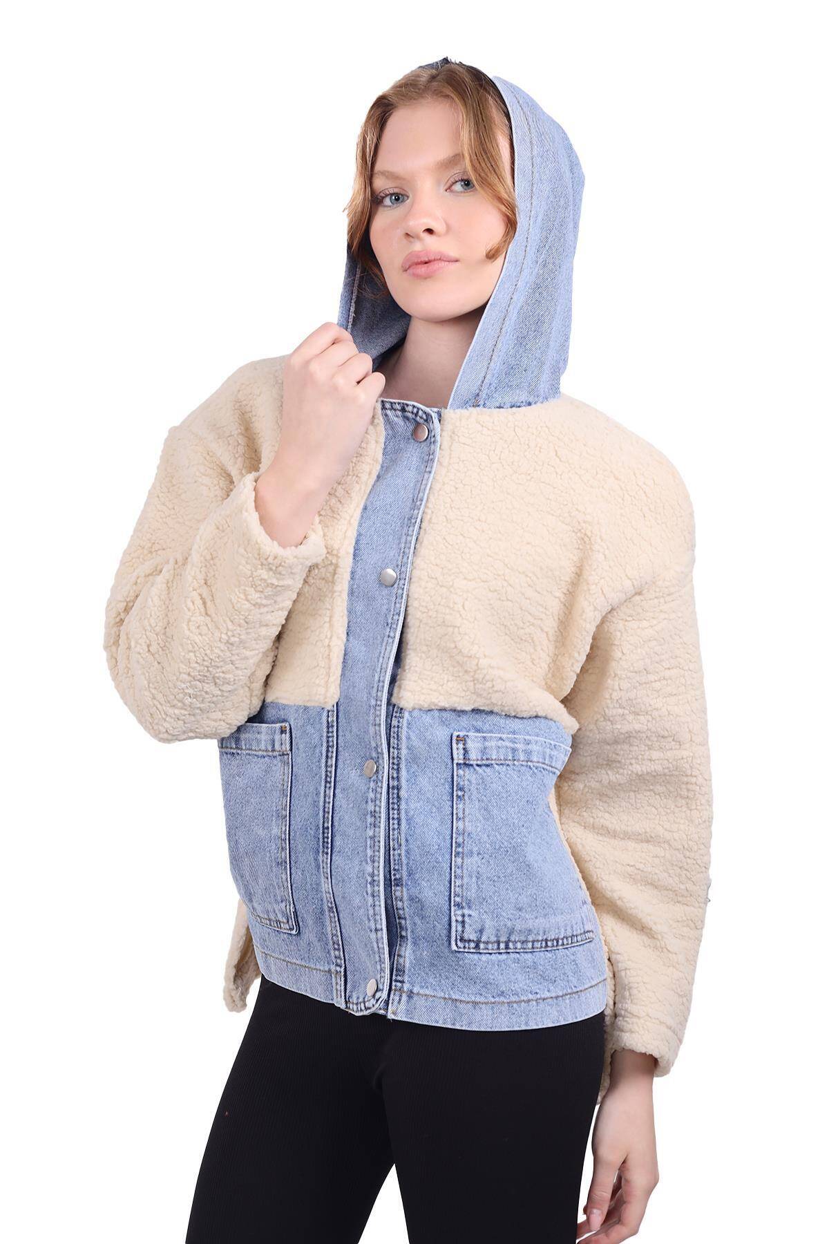 9063 Kapüşonlu Kot Detay Peluş Mont Taş - Stilay