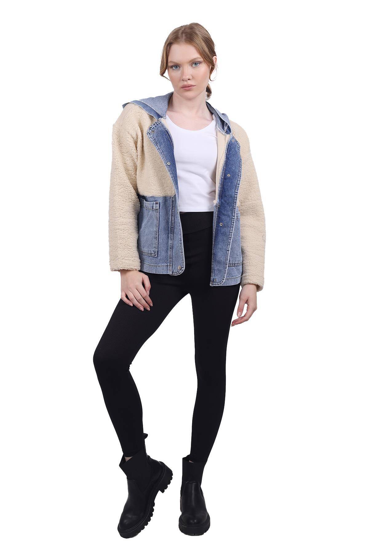 9063 Kapüşonlu Kot Detay Peluş Mont Taş - Stilay