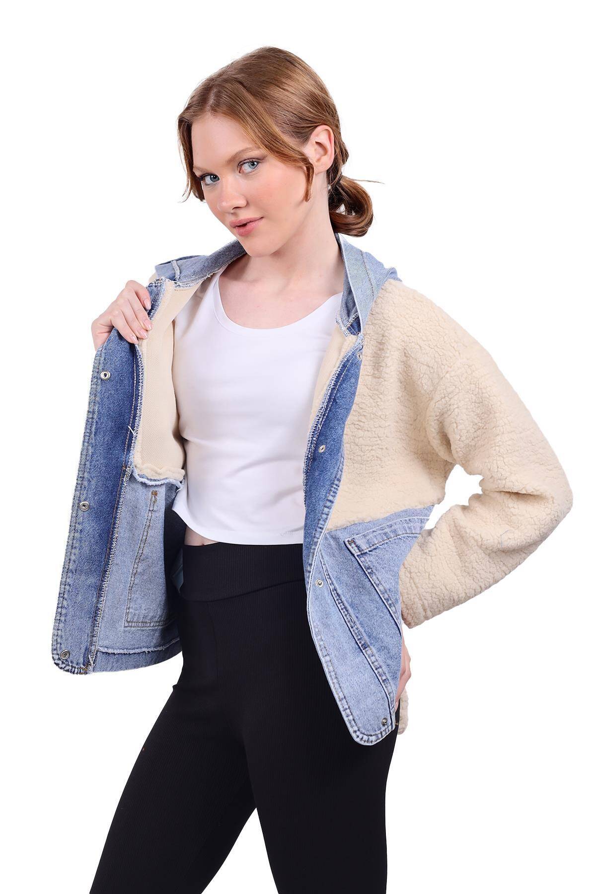 9063 Kapüşonlu Kot Detay Peluş Mont Taş - 7