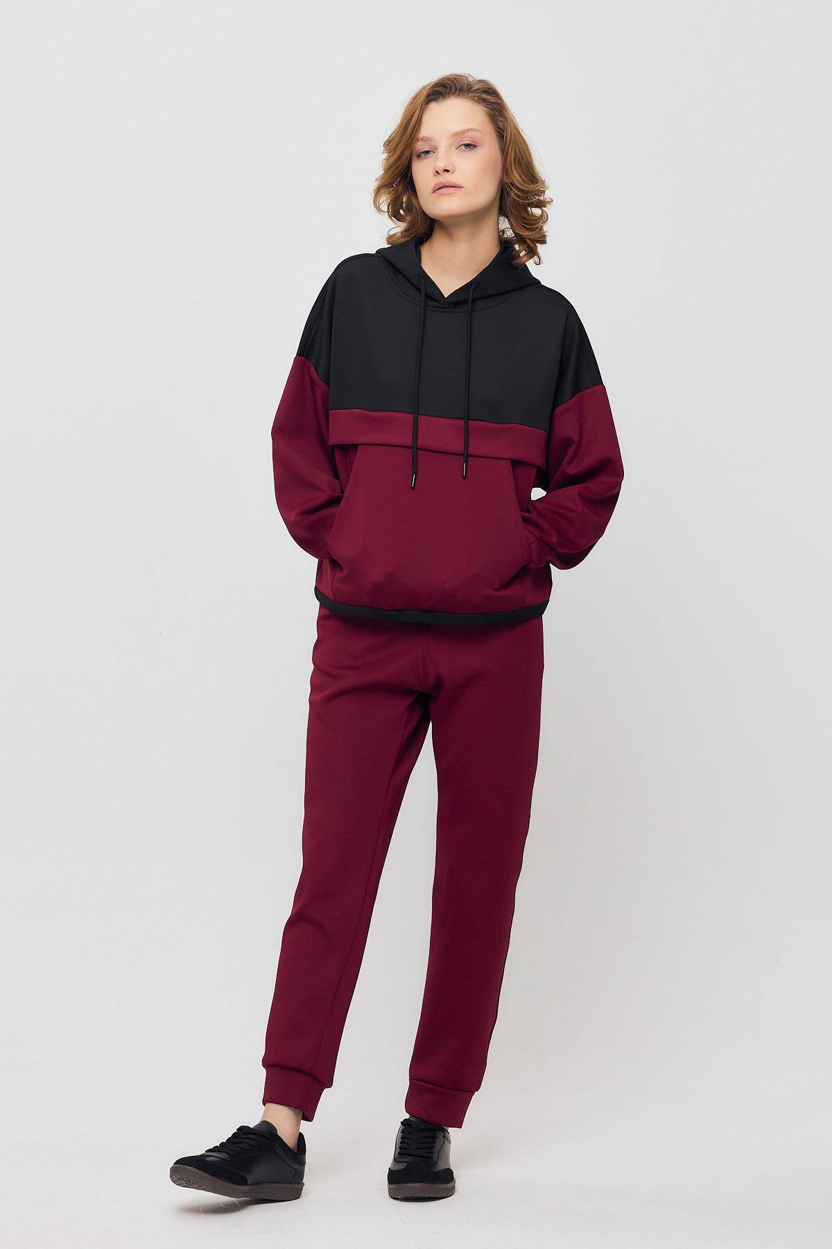 9183M Kanguru Cep Garnili Eşofman Takımı Bordo - Stilay