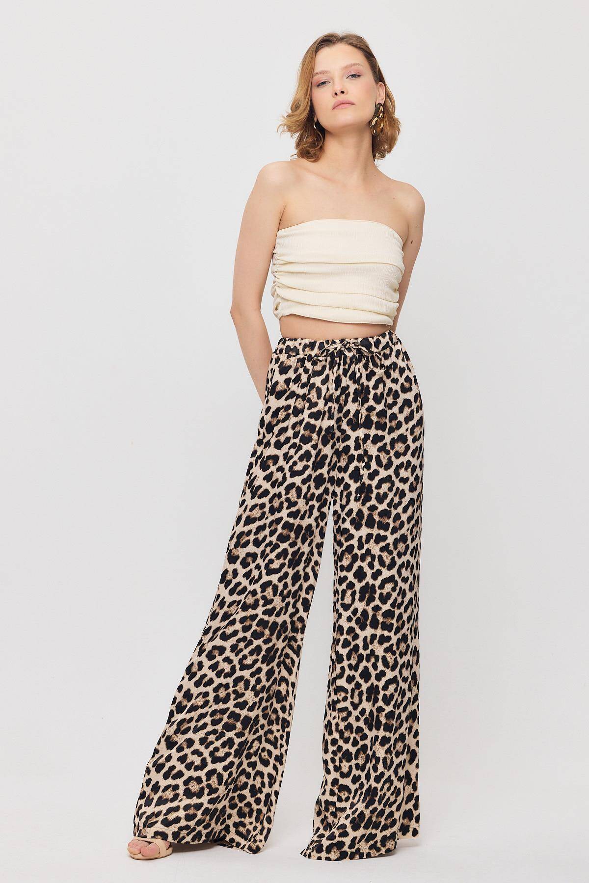 9410 Leopar Desen Saten Palazzo/Dökümlü Pantolon Bej 