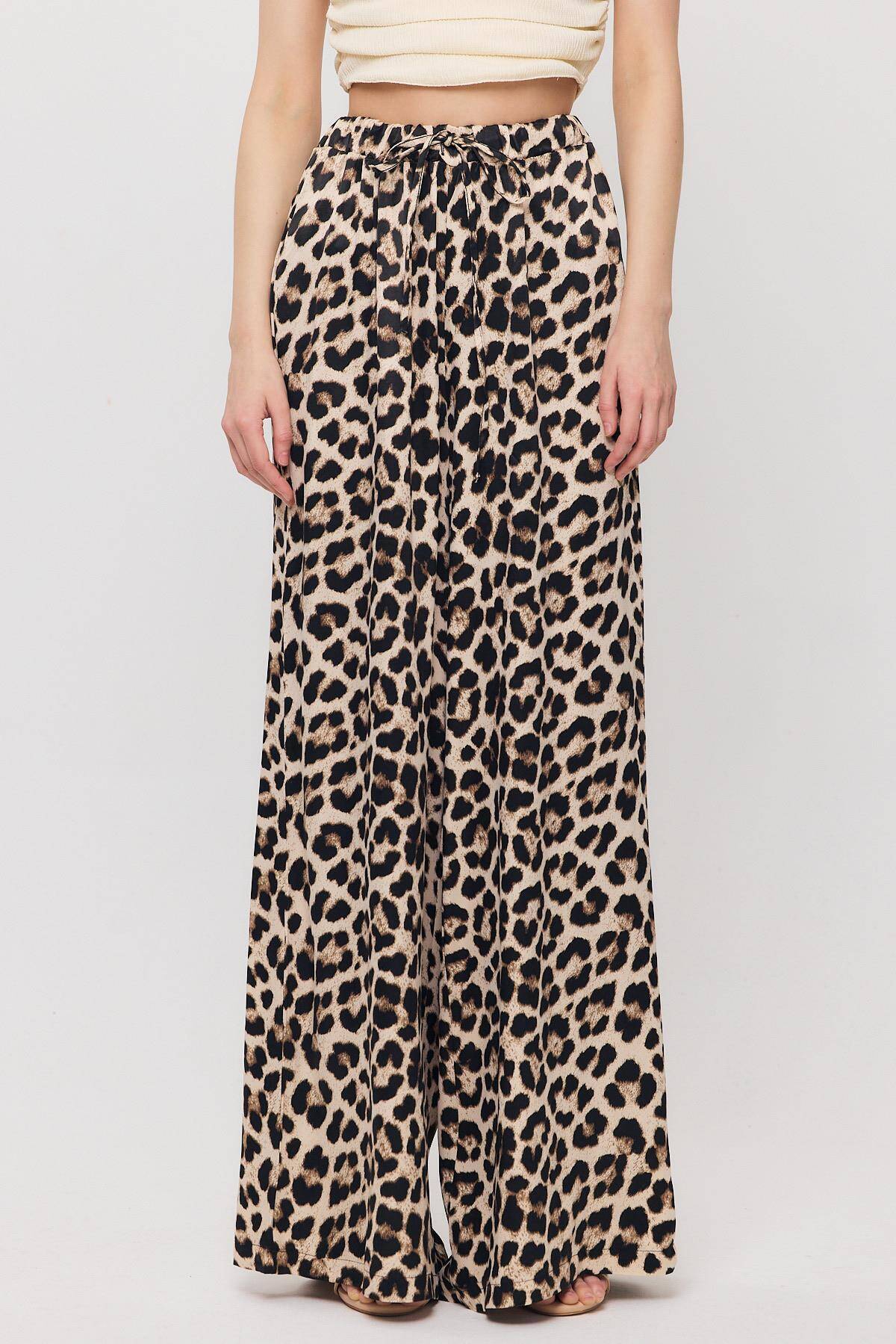 9410 Leopar Desen Saten Palazzo/Dökümlü Pantolon Bej - 2