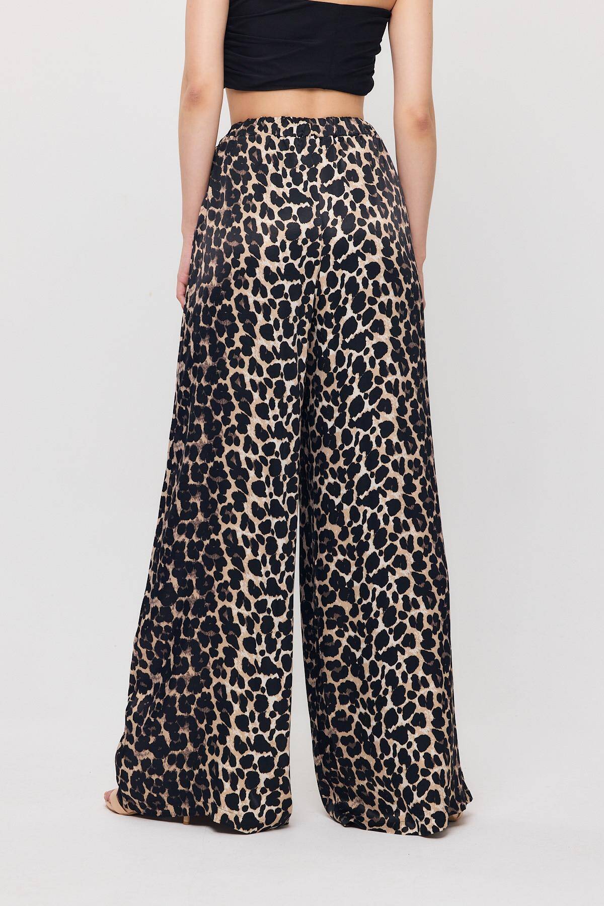 9410 Leopar Desen Saten Palazzo/Dökümlü Pantolon Siyah - 5