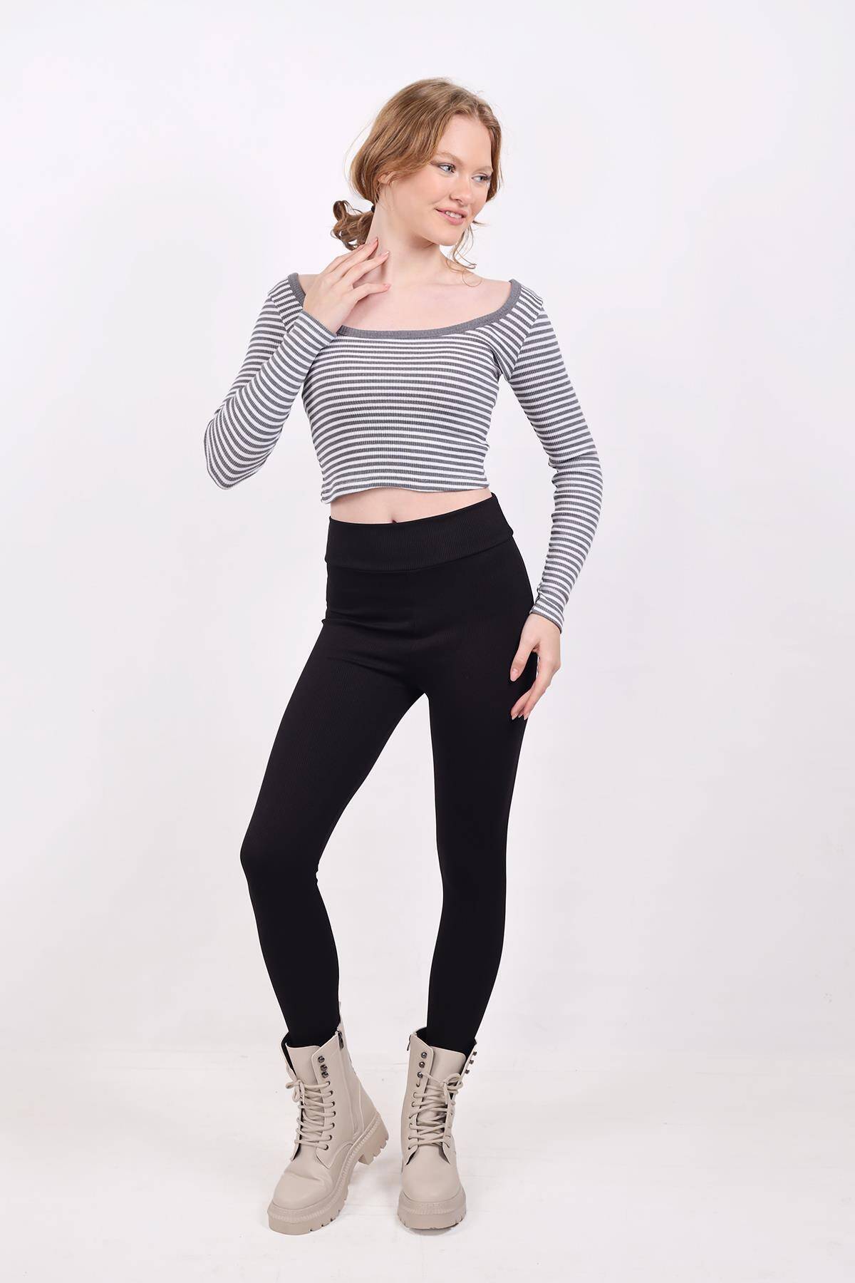 9904 Kare Yaka Çizgili Crop Bluz Gri - 2