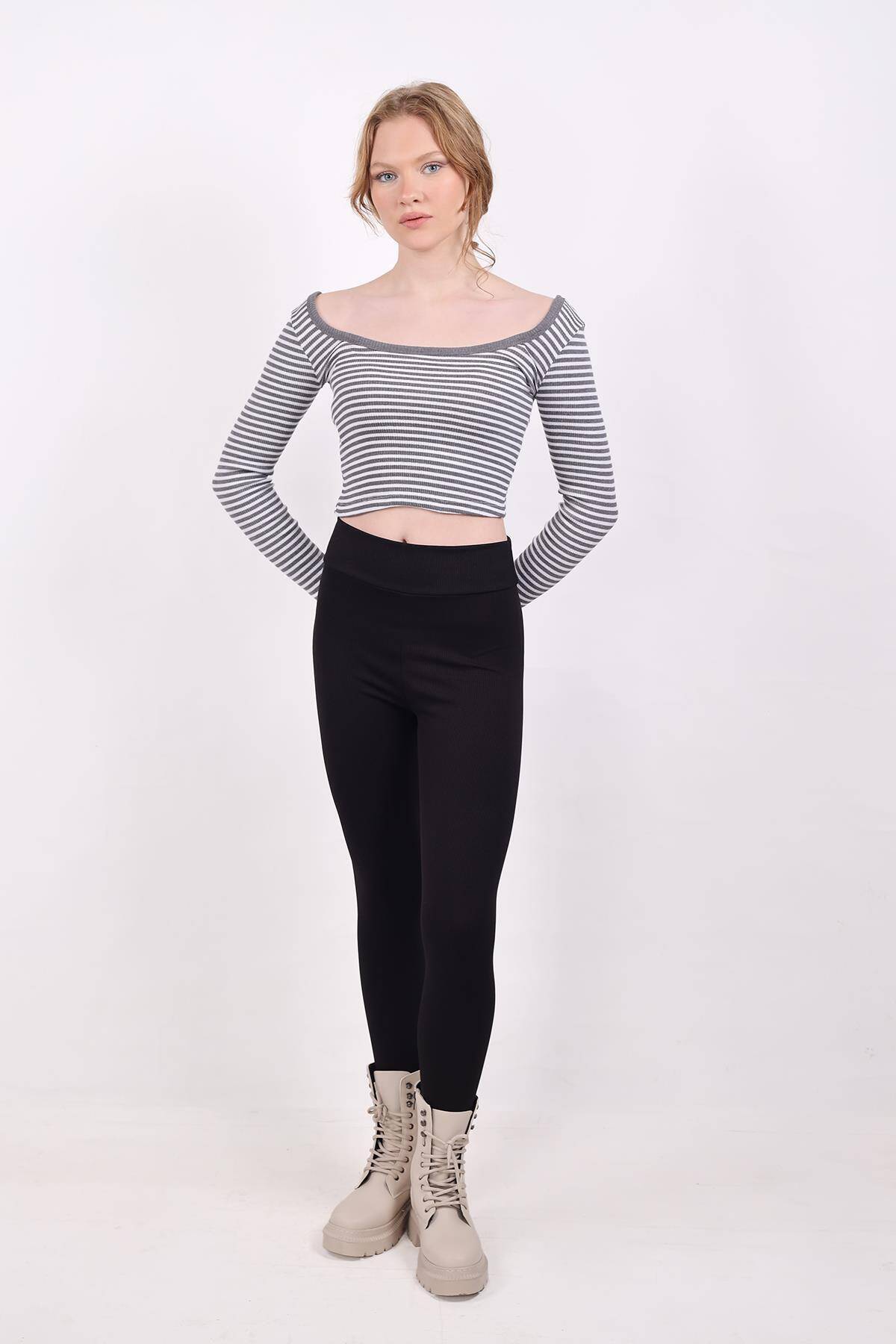 9904 Kare Yaka Çizgili Crop Bluz Gri - 7