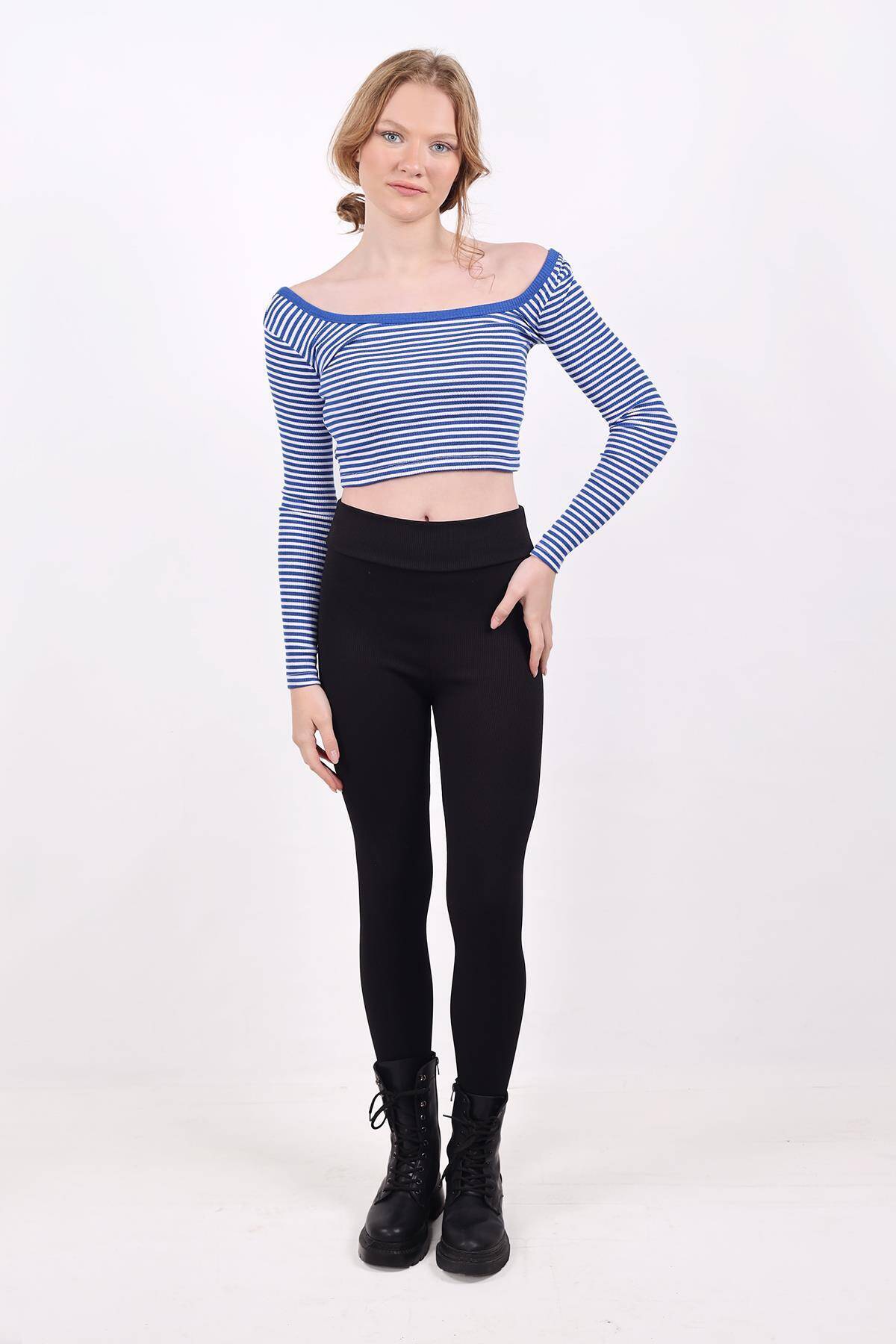 9904 Kare Yaka Çizgili Crop Bluz Saks - 2