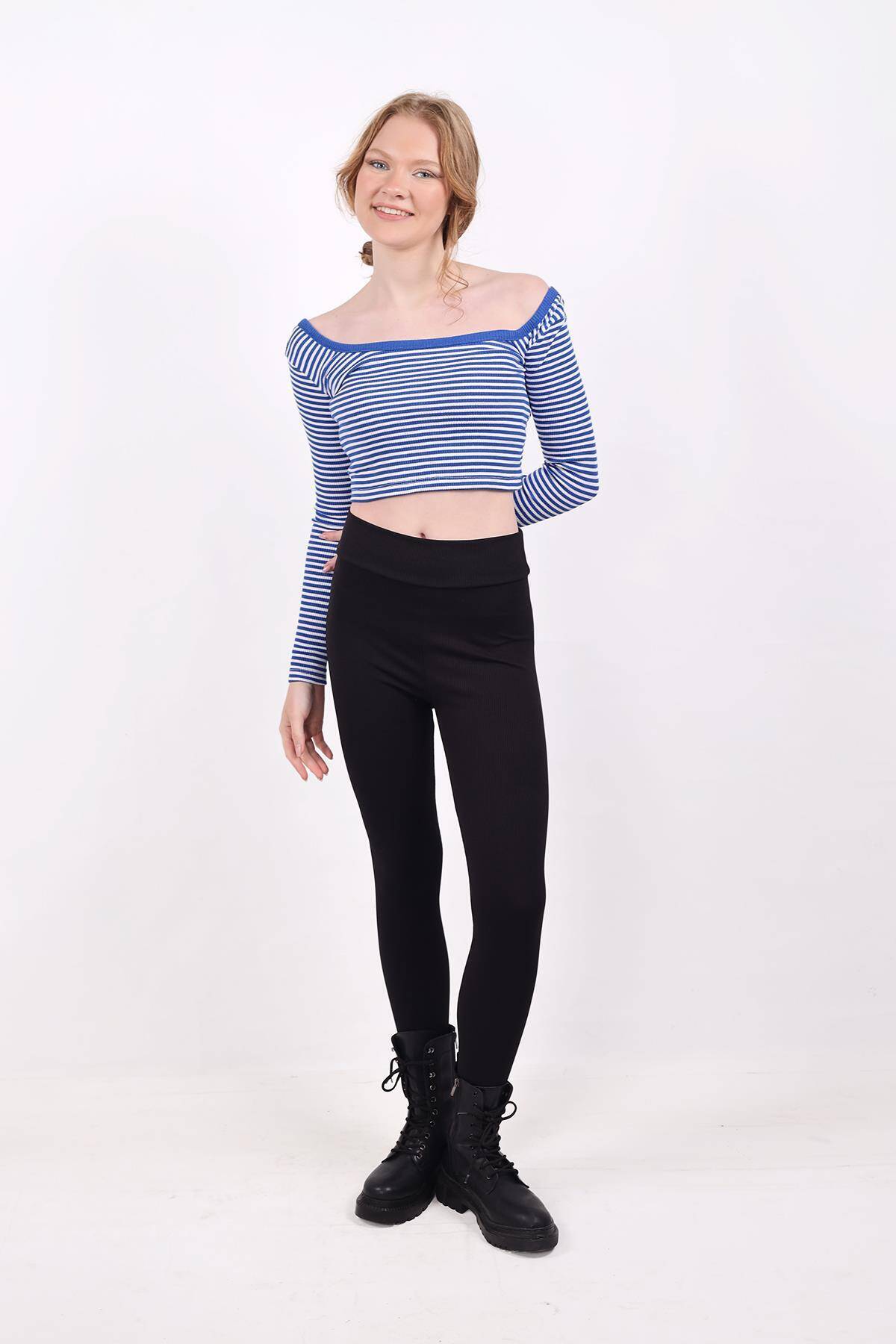 9904 Kare Yaka Çizgili Crop Bluz Saks - 7