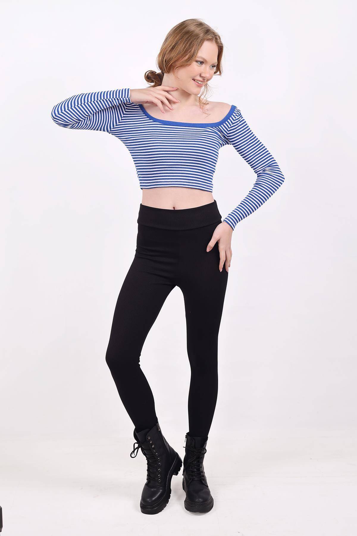 9904 Kare Yaka Çizgili Crop Bluz Saks - 8