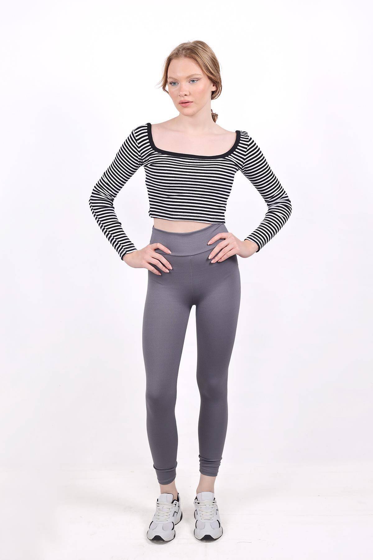 9904 Kare Yaka Çizgili Crop Bluz Siyah - 6