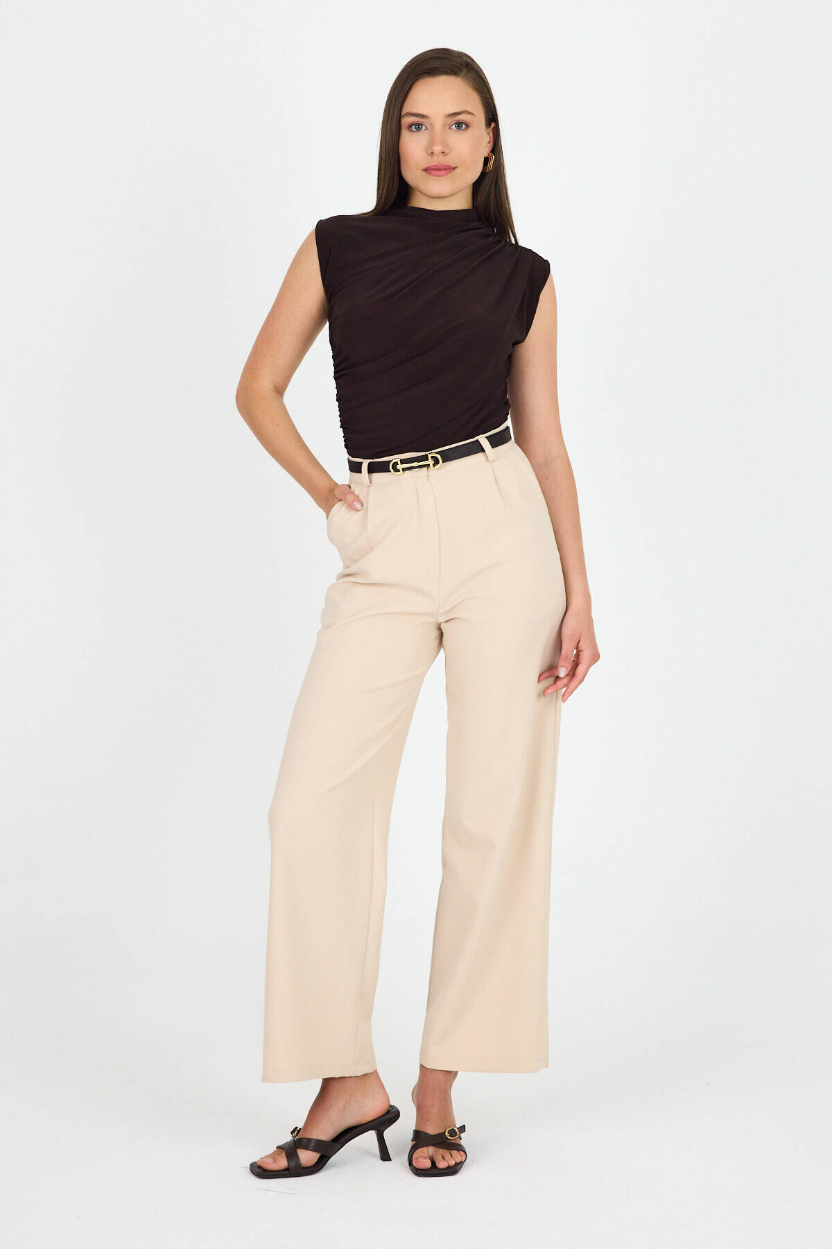 Acı Kahve Kolsuz Büzgülü Sandy Bluz 2430 - 3