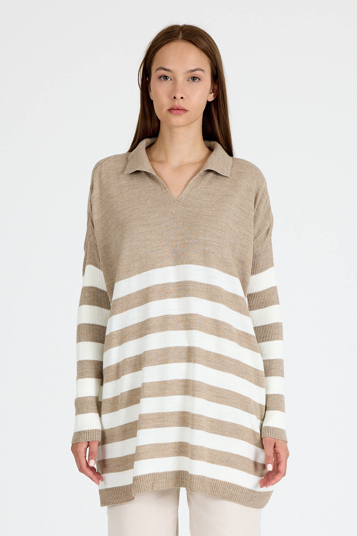 Açık Vizon Polo Yaka Çizgili Tunik 5340 - 2