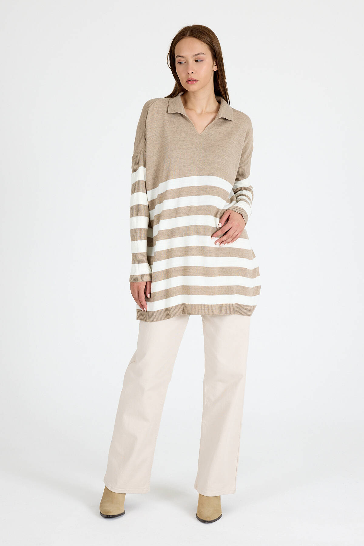 Açık Vizon Polo Yaka Çizgili Tunik 5340 - 3