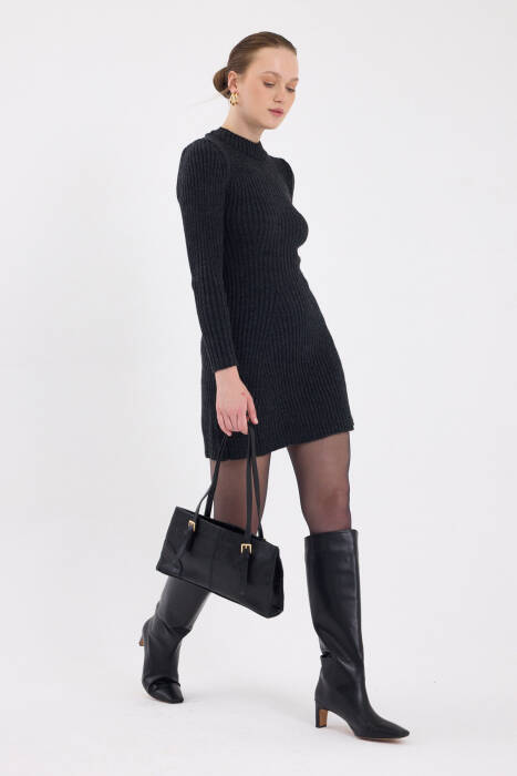 Antrasit Balıkçı Yaka Triko Mini Elbise 1907 - Stilay